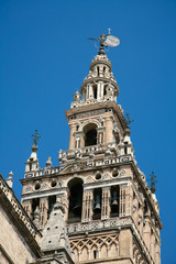 Fototapeta na wymiar famous belfry named Giralda and vane Giraldillo, in landmark catholic cathedral of Saint Mary of the See, public gothic monument year 1507, World Heritage by UNESCO, in Seville, Andalusia, Spain