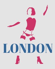 Sexy woman silhouette, underwear fashion. London text