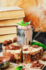 cold refreshing summer dessert , chocolate ice cream with cocoa, mint and cinnamon in an iron mug on a wooden background , rustic style