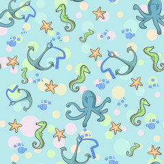 seamless pattern with sea creatures and anchors.pastel colours