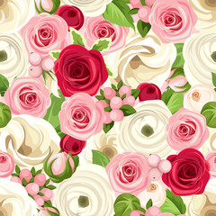 Vector seamless background with red, pink and white roses, lisianthuses and ranunculus flowers and green leaves.