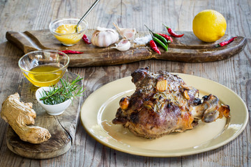 Lamb roasted in oven with ingredients 