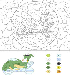 Cartoon dragon lies on a lounger and drinks a cocktail. Color by