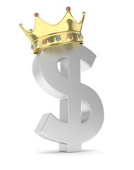 Isolated silver dollar sign with crown on white background. American currency. Concept of investment, american market, savings. Power, luxury and wealth. Crown with gems. 3D rendering.
