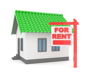 Miniature model of house real estate for rent on white background. 3D rendering.