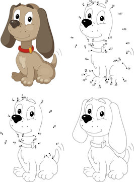 Cartoon dog. Coloring book and dot to dot game for kids