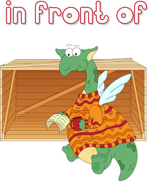 Cartoon dragon reads a book in front of the box. English grammar