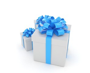three gift boxes with bows isolated on white. 3d rendering.