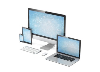 Ultimate web design, laptop, smartphone, tablet, computer, display. 3d rendering.