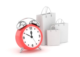 alarm clock and shopping bag (time to buy concept). 3d rendering.