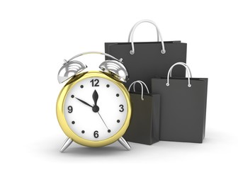 alarm clock and shopping bag (time to buy concept). 3d rendering.