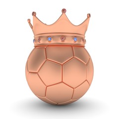 Bronze soccer ball with bronze crown on white background. 3D rendering.