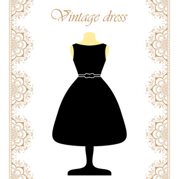 Vintage black dress on mannequin with line lace borders for icon.