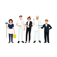 Obraz premium Restaurant team, man cooking chef, manager, waiter, cleaning woman. 