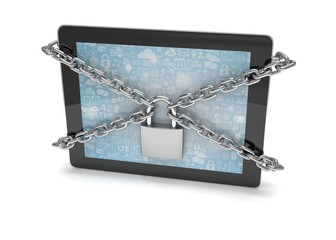 tablet PC with chains and lock isolated on white background. 3d rendering.