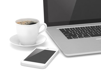 Laptop smartphone and coffee cup on white. 3d rendering.