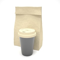 Coffee to go and lunch bag, on white. 3d rendering.