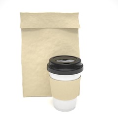 Coffee to go and lunch bag, on white. 3d rendering.