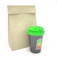Coffee to go and lunch bag, on white. 3d rendering.