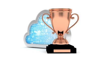 Isoalted bronze cup with cloud on white background. Concept of cloud storage competition. Leader cloud drive. Best storage contest. 3D rendering.