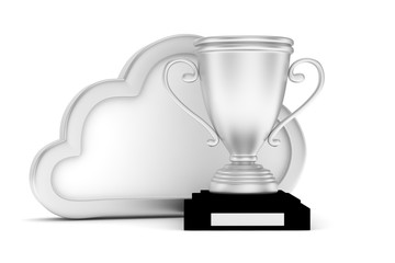 Isoalted silver cup with cloud on white background.  Concept of cloud storage competition. Leader cloud drive. Best storage contest. 3D rendering.