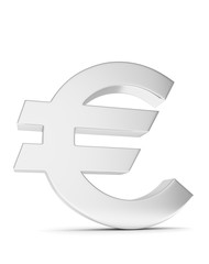 Isolated silver euro sign on white background. European currency. Concept of investment, european market, savings. Power, luxury and wealth. 3D rendering.