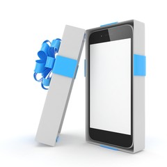 Smartphone in gift box. Isolated on white background. 3d rendering.