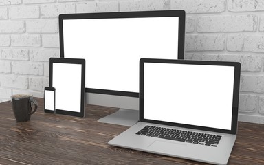 Fototapeta premium Responsive mockup screen. Monitor, laptop, tablet, phone on table in office. 3d rendering.
