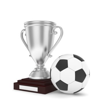 Isolated silver cup with ball on white background. Soccer and football. Second place trophy. Game and competition. 3D rendering
