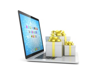 Gift box with ribbon bow on laptop keyboard. 3d rendering.