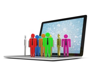 group of people figures on laptop, 3d render