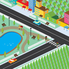 isometric residential view cartoon theme