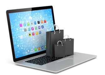 laptop and  shopping pags on white background. 3d rendering.