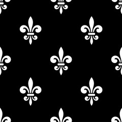 Golden fleur-de-lis seamless pattern. Black white template. Floral classic texture. Fleur de lis royal lily retro background. Design vintage for card, wallpaper, wrapping, textile. Vector Illustration © alona_s