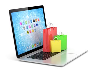 laptop and  shopping pags on white background. 3d rendering.