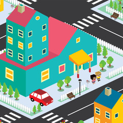 isometric couple residential view cartoon theme