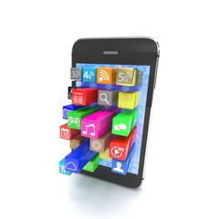  application software icons extruding from smartphone, isolated on white. 3d rendering.