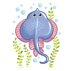 Cartoon Stingray fish in vector. Stingray sea collection design. Stingray isolated on white background.