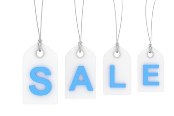 Colorful isolated sale labels on white background. Price tags. Special offer and promotion. Store discount. Shopping time. Blue letters on white labels. 3D rendering.