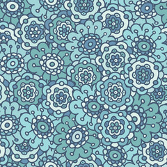 blue doodle floral seamless pattern, hand drawn vector illustration