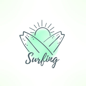 Surfing logo made in hand drawn design. Surf icon with thin uneven lines. Surfer boards crossed and the sun