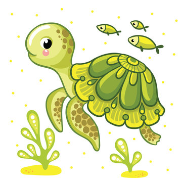 Cute cartoon turtle isolated. Turtle and fish on a white background, vector illustration.