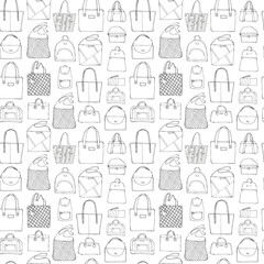 Hand drawn doodle sketch illustration seamless pattern of bags - case, handbag, Lady's bag, Clutch, sports bag isolated on white. Coloring book