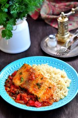 White sea fish cooked in a spicy tomato sauce with sweet pepper, cumin, garlic and coriander.