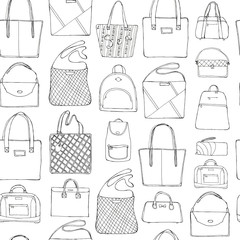 Hand drawn doodle sketch illustration seamless pattern of bags - case, handbag, Lady's bag, Clutch, sports bag isolated on white. Coloring book