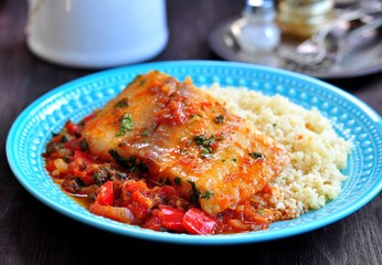 White sea fish cooked in a spicy tomato sauce with sweet pepper, cumin, garlic and coriander.