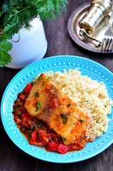 White sea fish cooked in a spicy tomato sauce with sweet pepper, cumin, garlic and coriander.