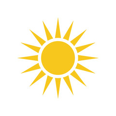 Sun icon. Light sign with sunbeams. Yellow design element, isolated on white background. Symbol of sunrise, heat, sunny and sunset, sunlight. Flat modern style for weather forecast Vector Illustration