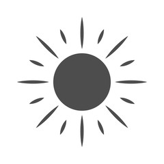 Sun icon. Light sign with sunbeams. Black design element, isolated on white background. Symbol of sunrise, heat, sunny and sunset, sunlight. Flat modern style for weather forecast. Vector Illustration