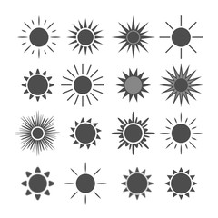 Sun icons set. Collection light gray signs with sunbeam. Design elements, isolated on white background. Symbol of sunrise, heat, sunny and sunset, morning, sunlight. Flat style. Vector Illustration.
